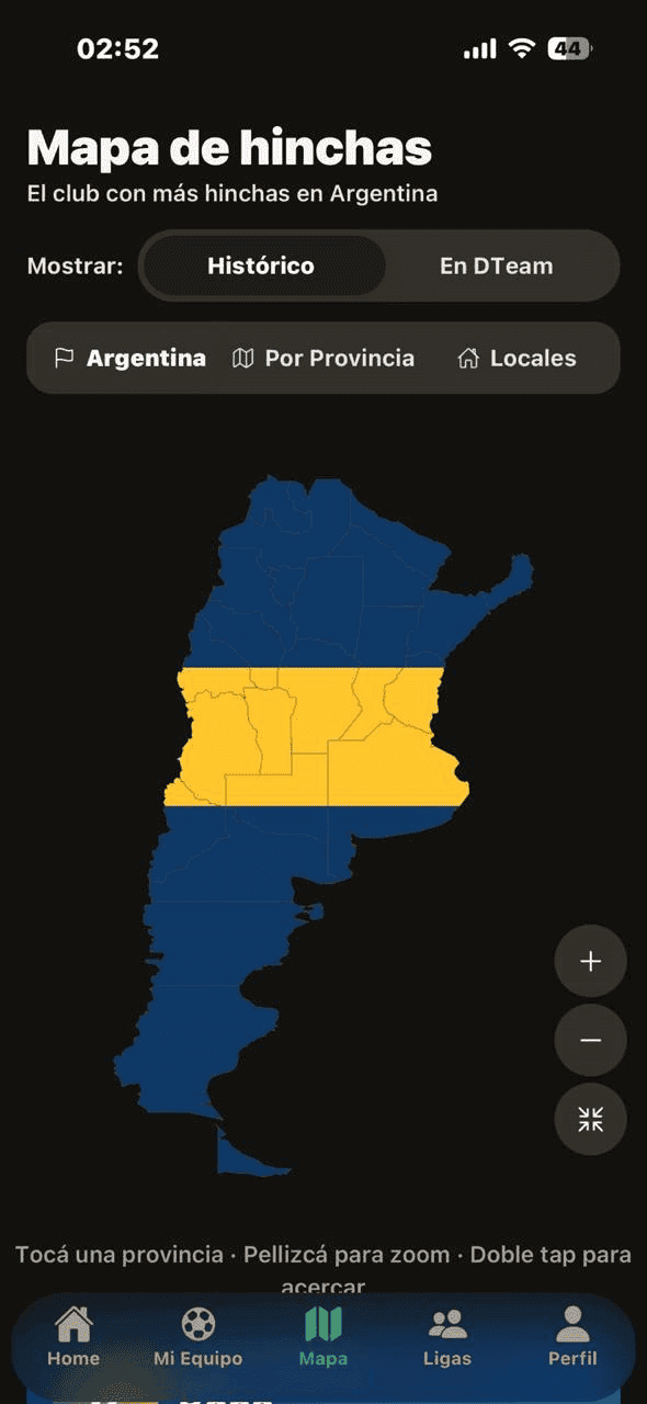 Pantalla del mapa de hinchas argentinos mostrando distribución por provincias